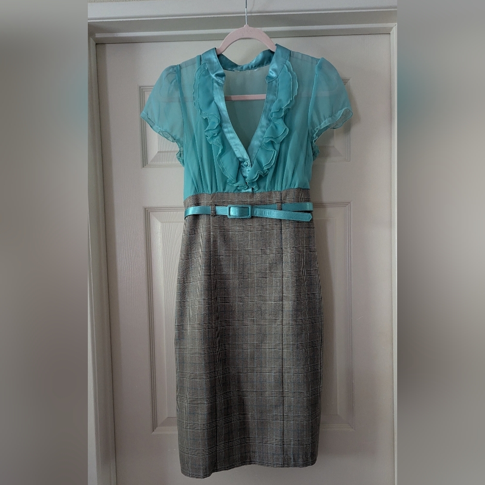 Vintage Turquoise Blue & Gray Plaid Women's One Piece Pencil Dress Small -ish
